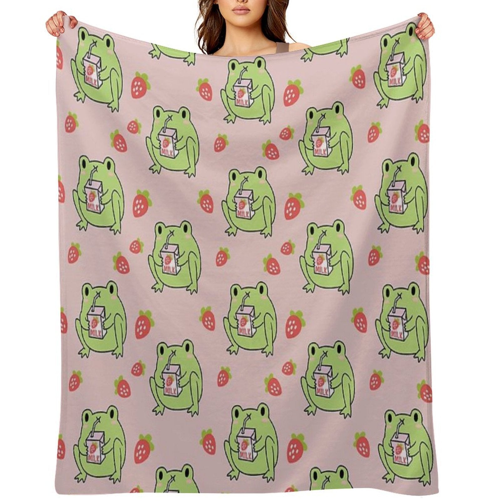 Cute Strawberry Milk Frog Anti-pilling Throw Blanket