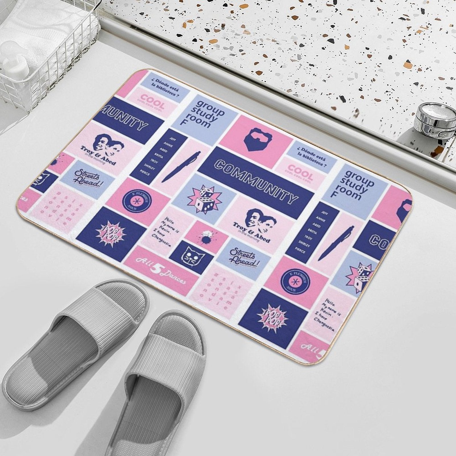 Community Collage Pink  Blue  Easy Maintenance Bath Mat
