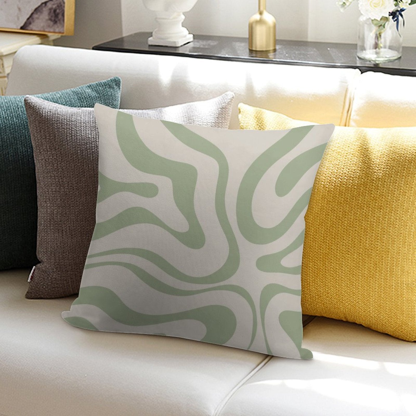 Liquid Swirl Abstract Pattern in Beige And Sage Green Soft Shrink-Resistant Throw Pillow