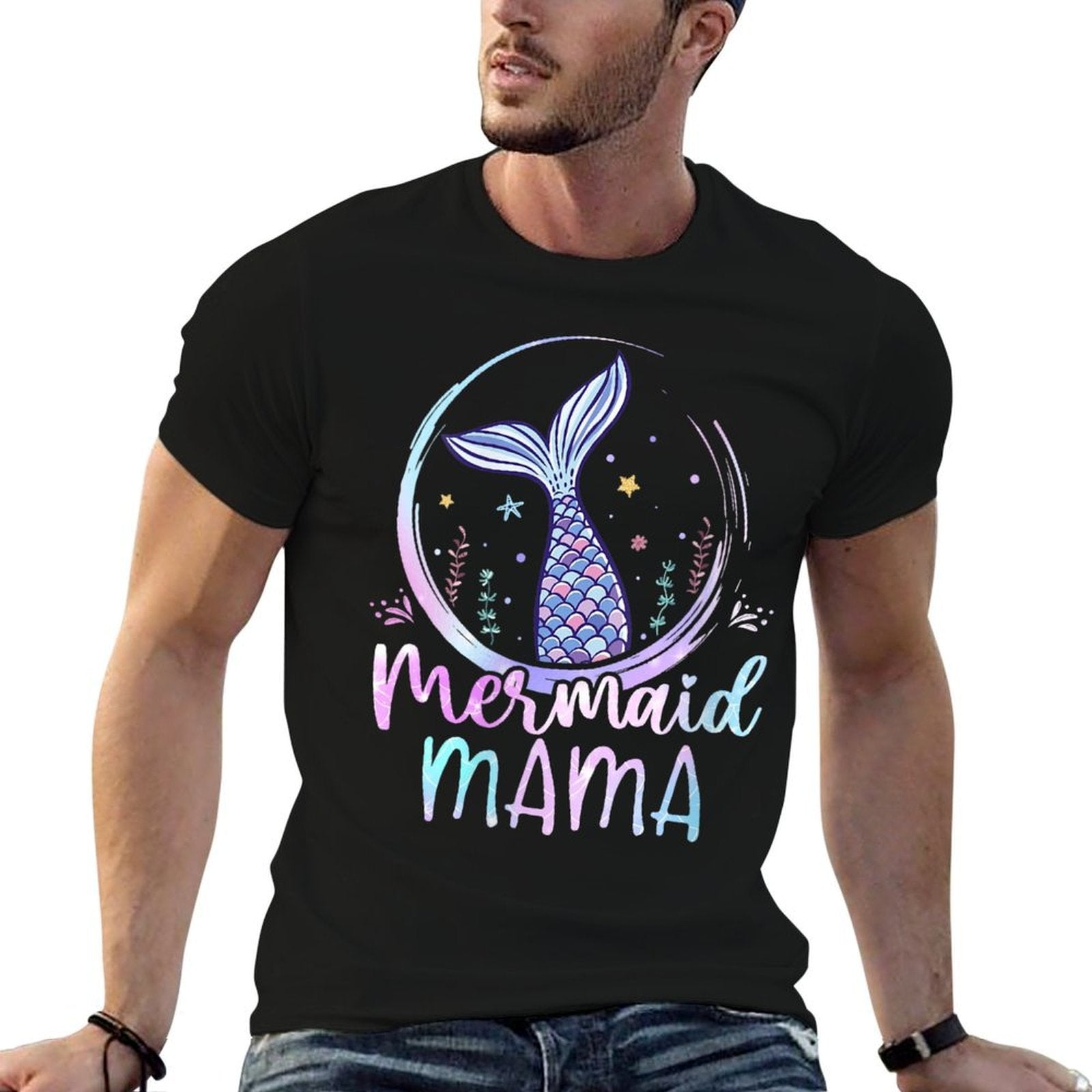 Womens Mermaid Mama Birthday Mermaid Girl Beach Mermaid Tail  Fade-proof Color T-Shirt