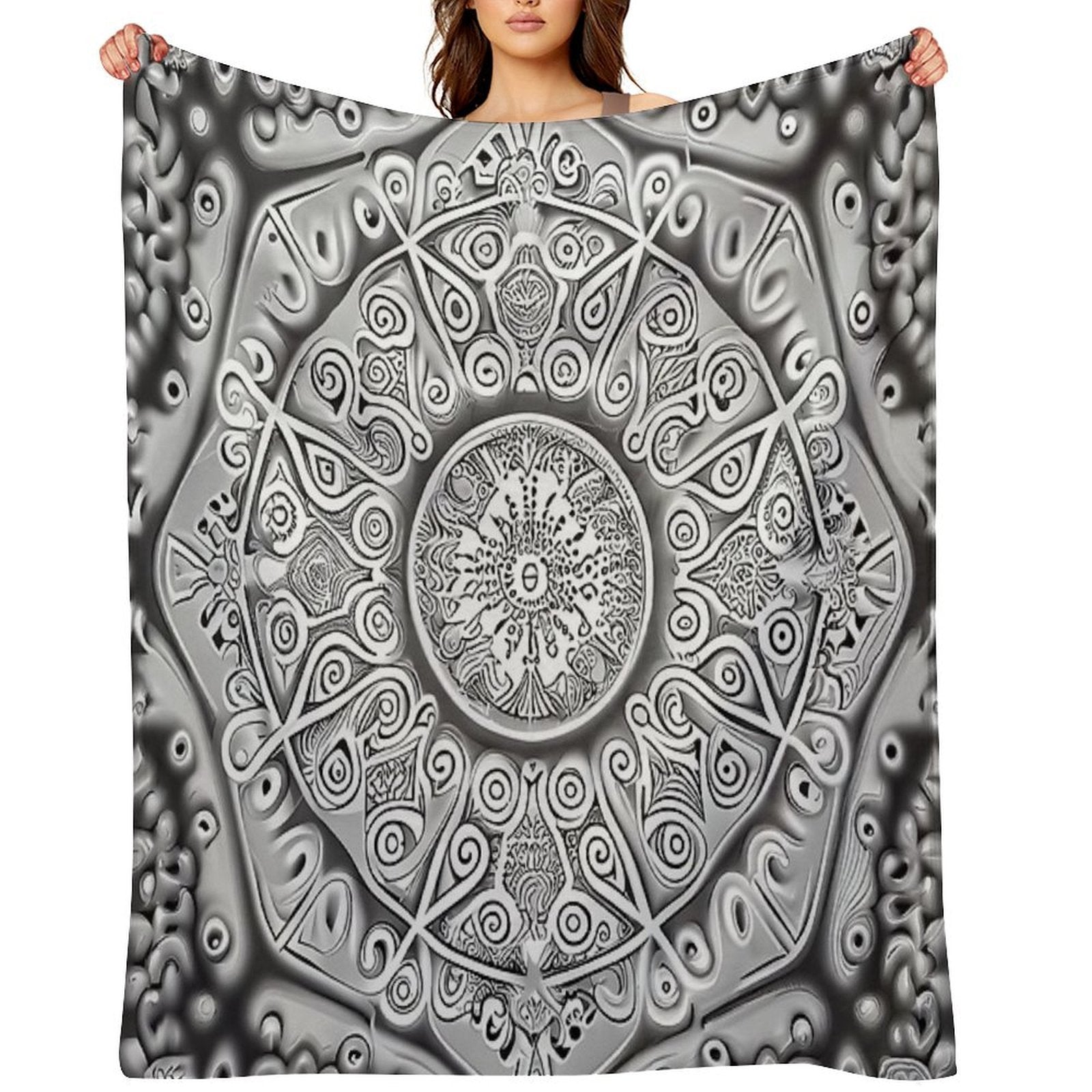Symmetrical Monochromatic New Traditional Pattern Digital Painting Travel-friendly Throw Blanket