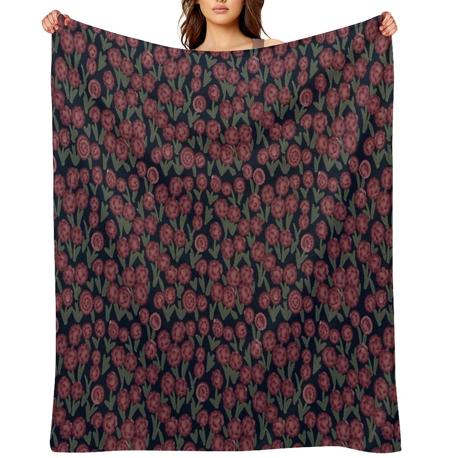 Burgundy Carnations on Dark Blue – Seamless Vintage Floral Design Lightweight Throw Blanket