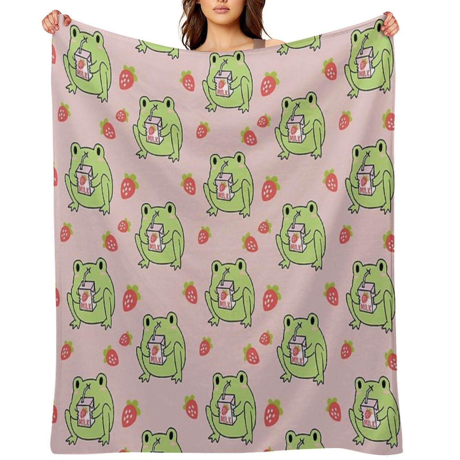 Cute Strawberry Milk Frog Anti-pilling Throw Blanket