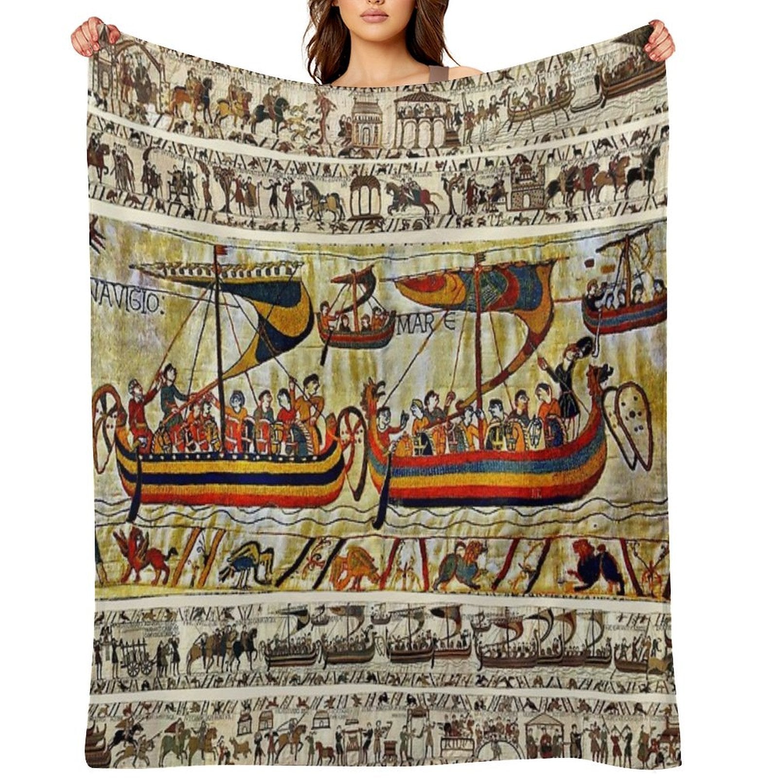THE BAYEUX TAPESTRY ,VIKING SHIPS Sustainable Throw Blanket