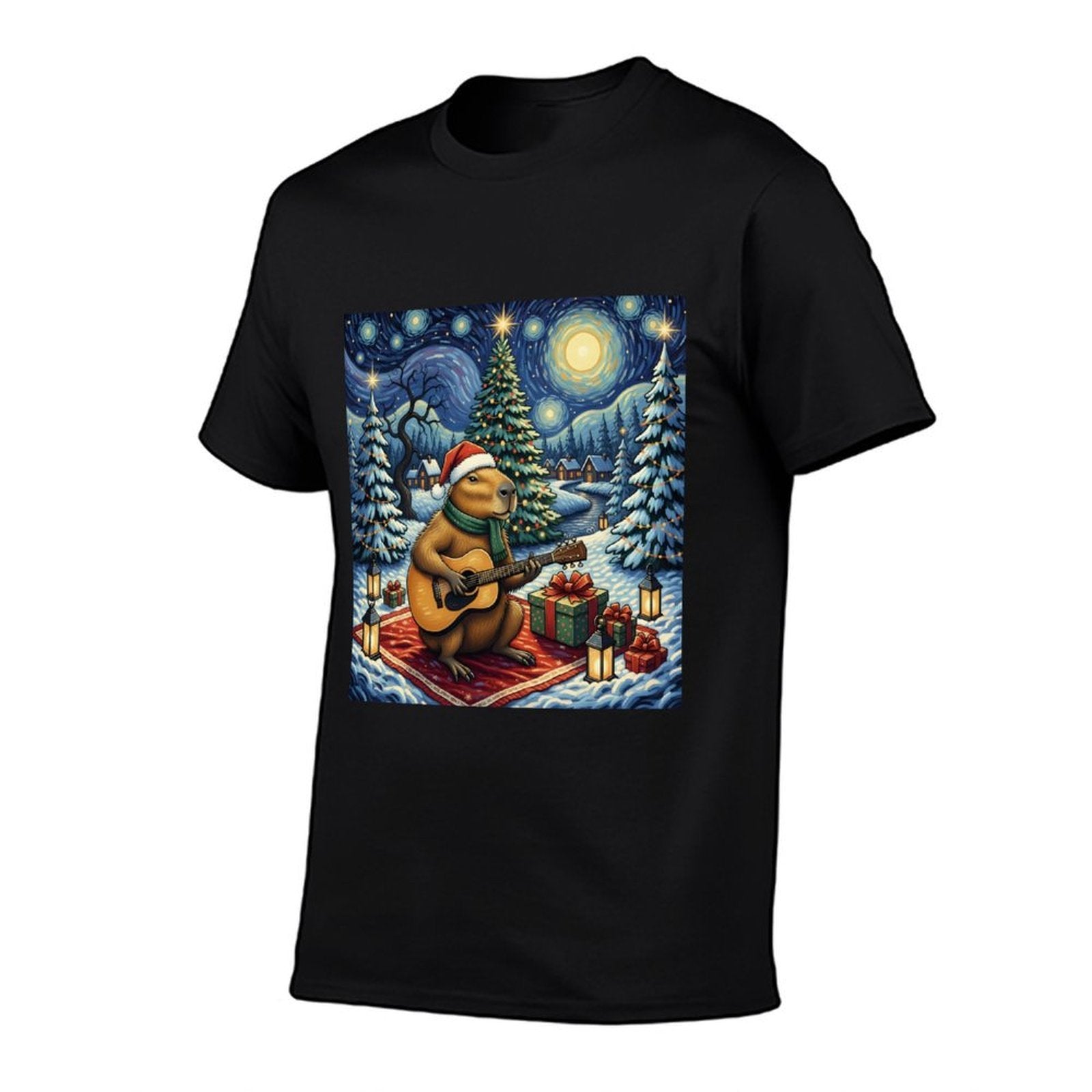 Capybara Playing The Guitar Van Gogh Style Christmas Themed  Relaxed-fit T-Shirt