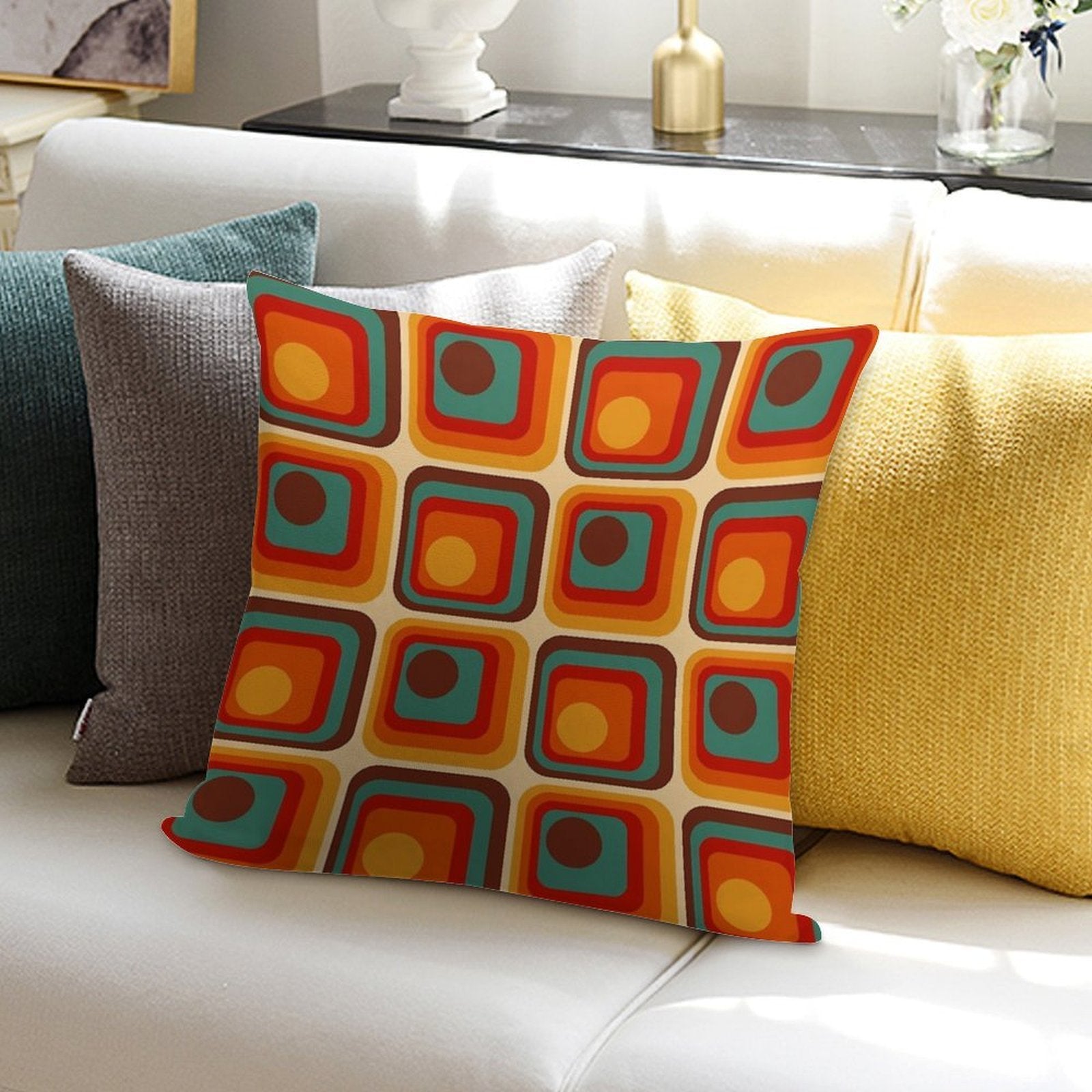 Retro Geometric Gradient Square And Circle Pattern 221 Soft Washable Throw Pillow
