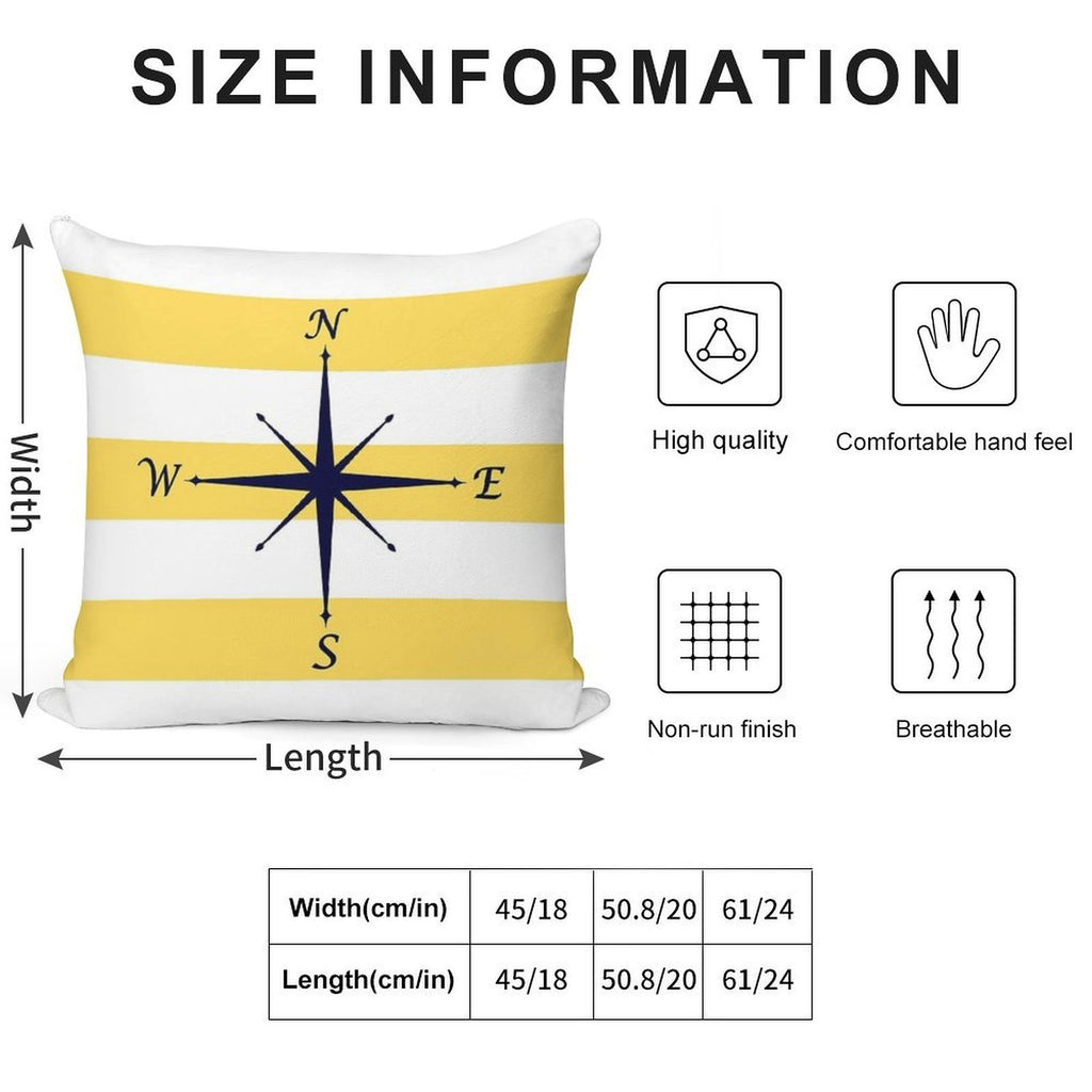 Navy Blue Compass On Mustard Yellow And White Stripes Soft Fade-Resistant Throw Pillow