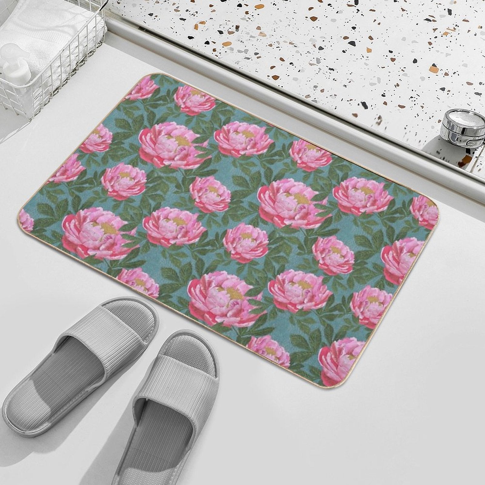 Peony on Teal  Non-Slip Bath Mat