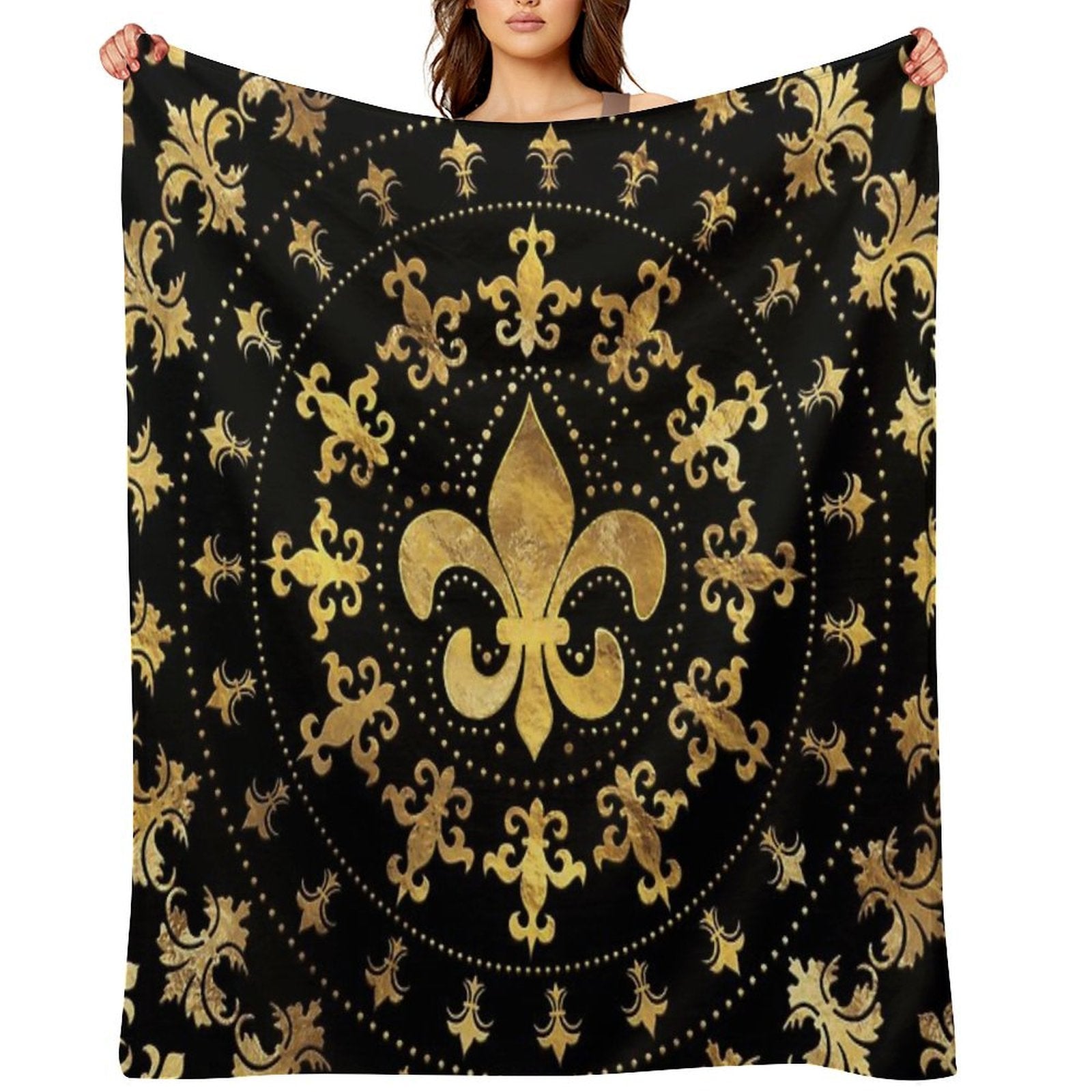 Fleur-de-lis - Circular Ornament - Gold And Black Multi-functional Throw Blanket