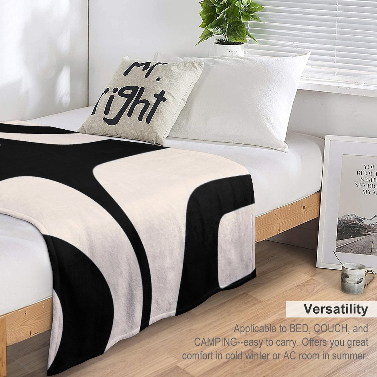 Retro Piquet Mid Century Modern Abstract Pattern 2 in Black And Almond Cream Quick-dry Throw Blanket