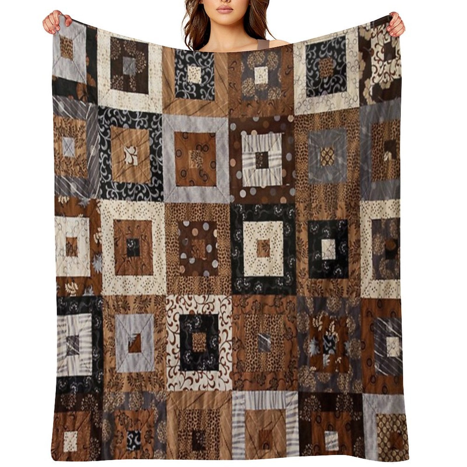 Classic Retro Brown Quilted Patchwork Quilting Pattern Mosaic Motif Compact Throw Blanket