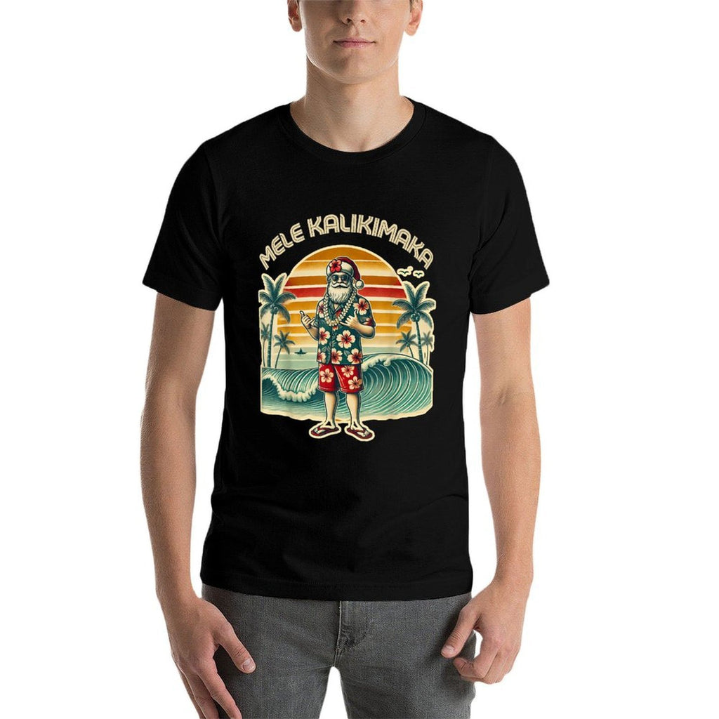 Retro Christmas Surf, Mele Kalikimaka Santa Shaka Hawaii  High-quality Stitching T-Shirt