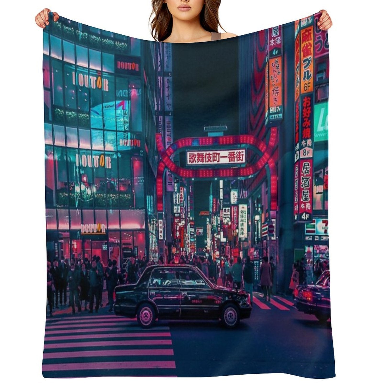 Cyberpunk Tokyo Street Travel-friendly Throw Blanket