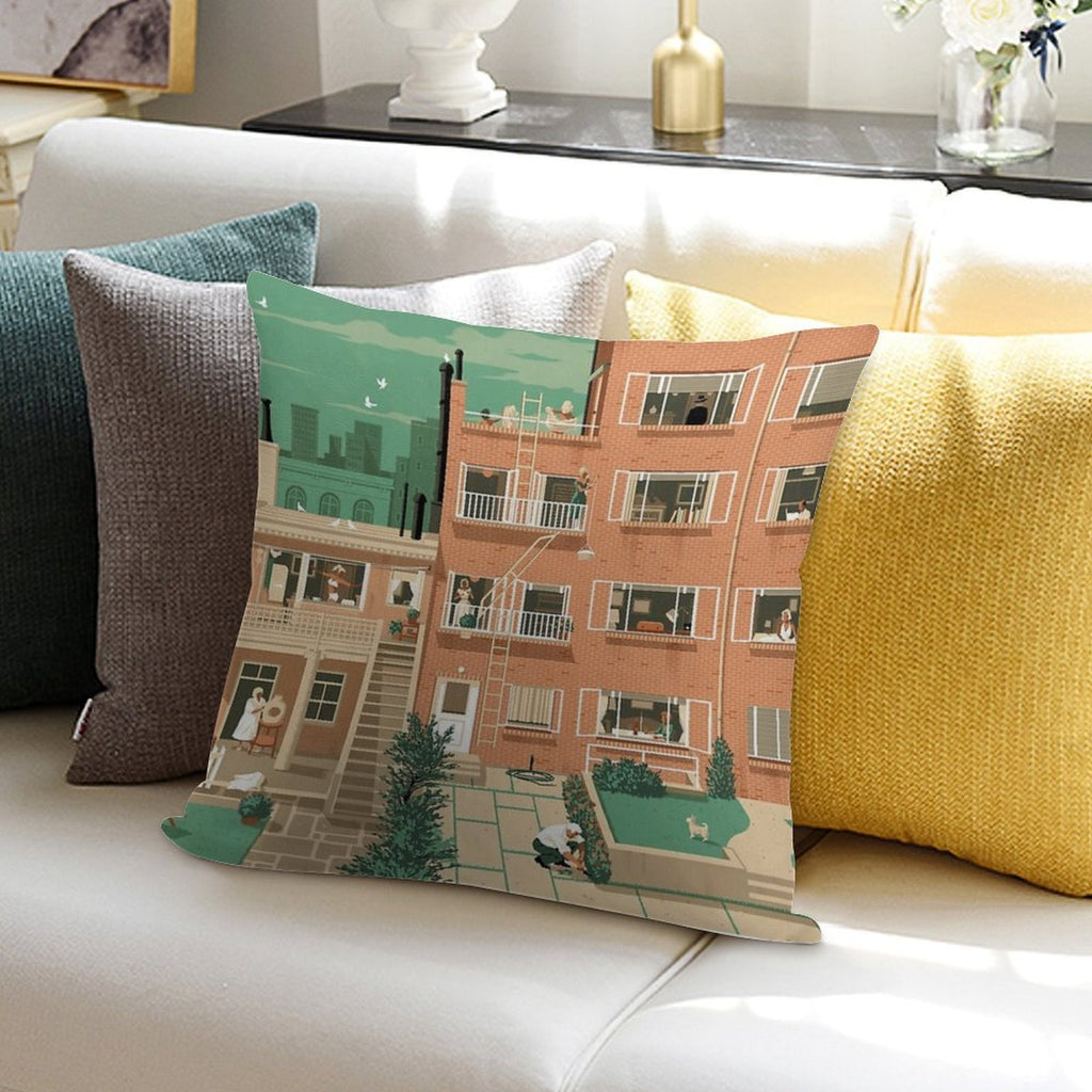 Travel Posters - Hitchcock's Rear Window - Greenwitch Village New York Soft Shrink-Resistant Throw Pillow
