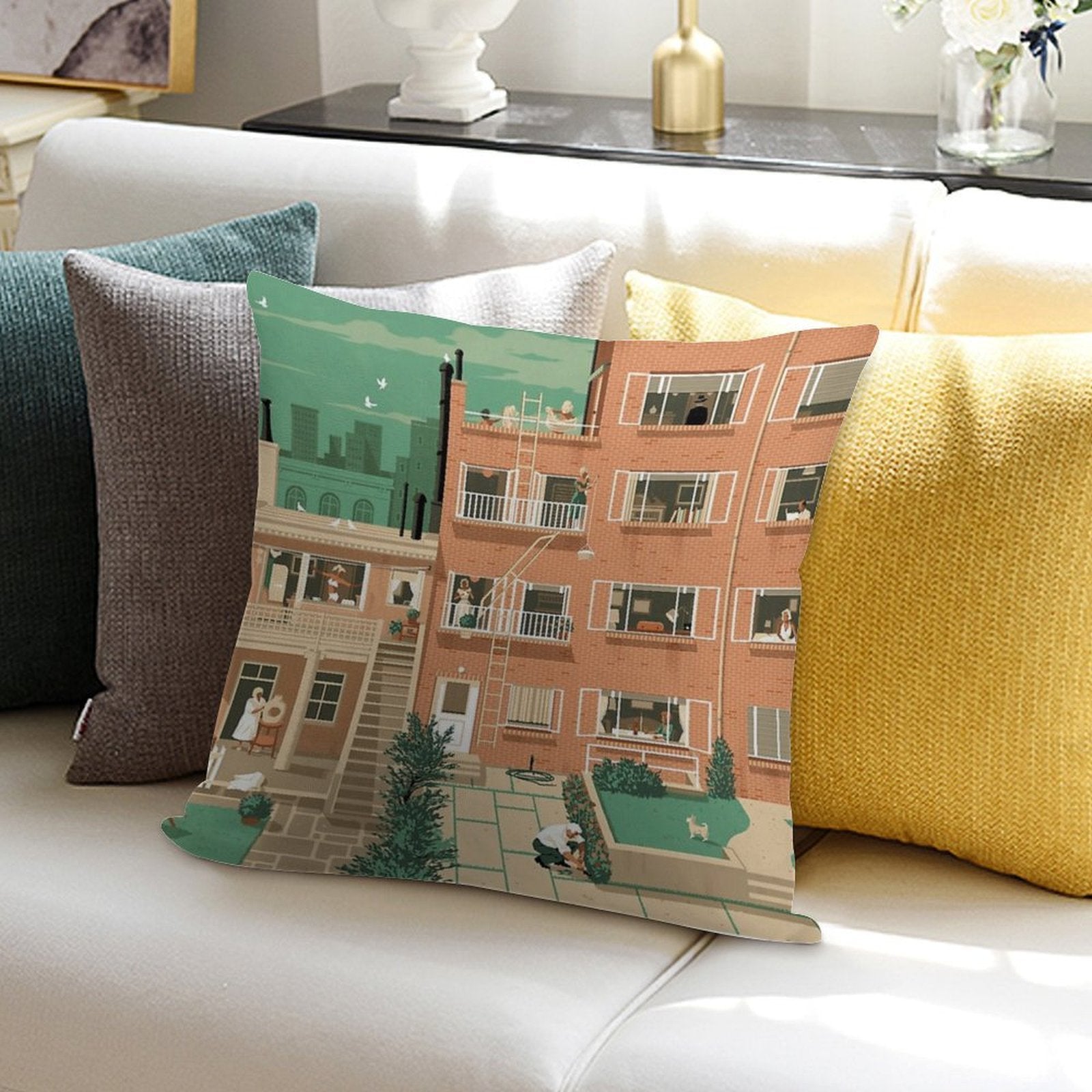 Travel Posters - Hitchcock's Rear Window - Greenwitch Village New York Soft Shrink-Resistant Throw Pillow