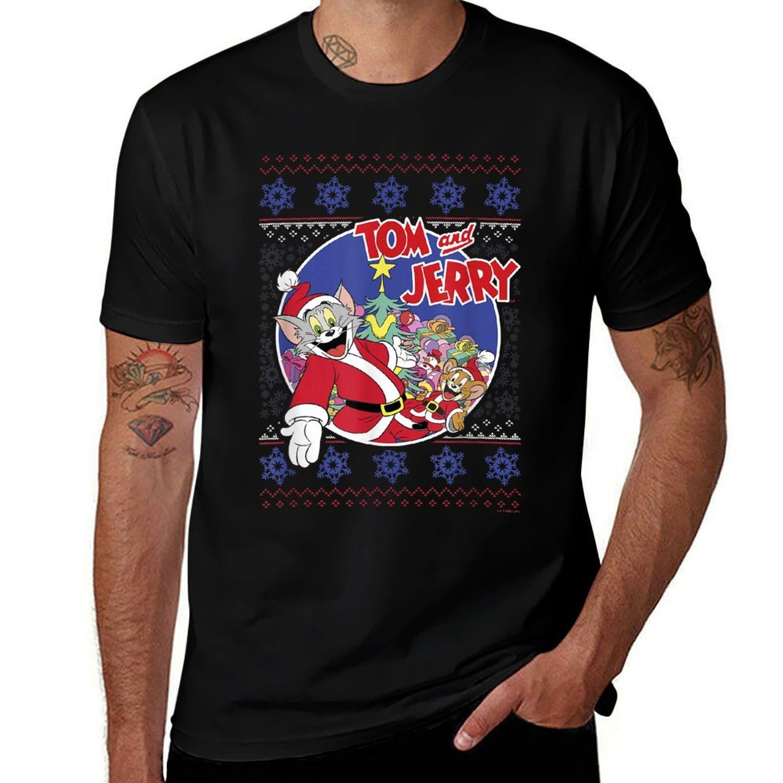 Tom And Jerry Classic Christmas Ugly Sweater  Rolled Sleeves T-Shirt