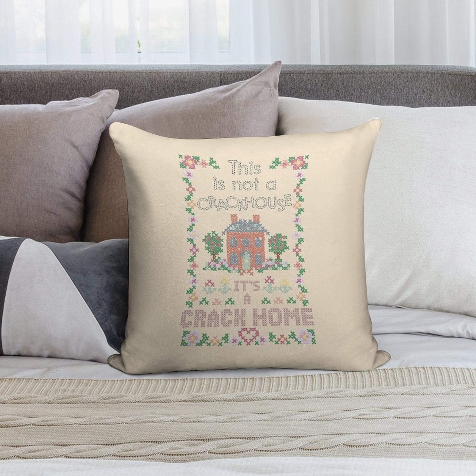 A Crack Home - Cross Stitch Embroidery Soft Luxury Feel Throw Pillow
