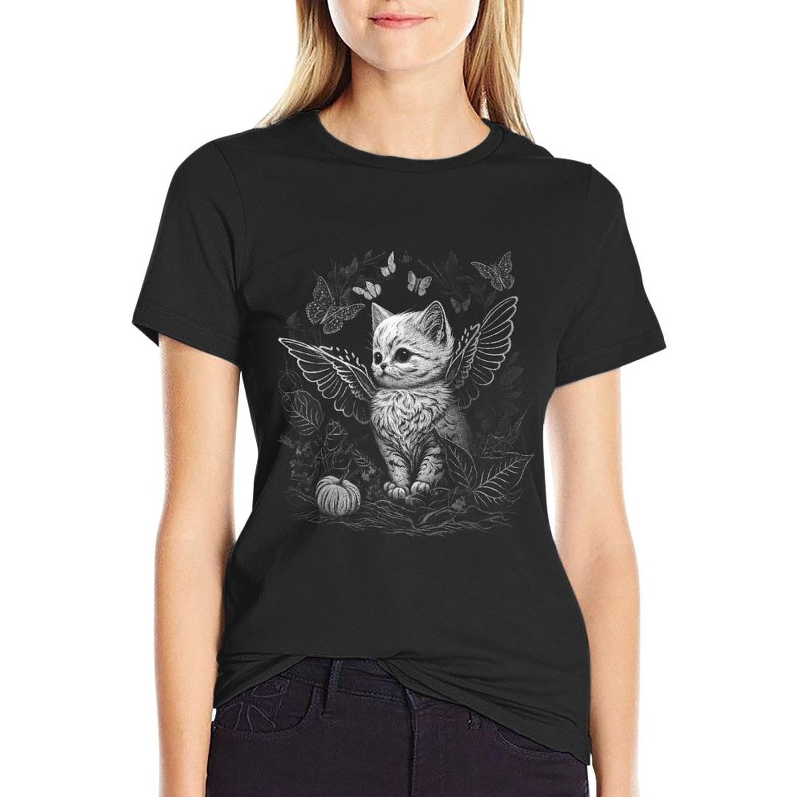 Cute Fairycore Floral Cat Aesthetic Girls Women Graphic  Vintage-inspired T-Shirt