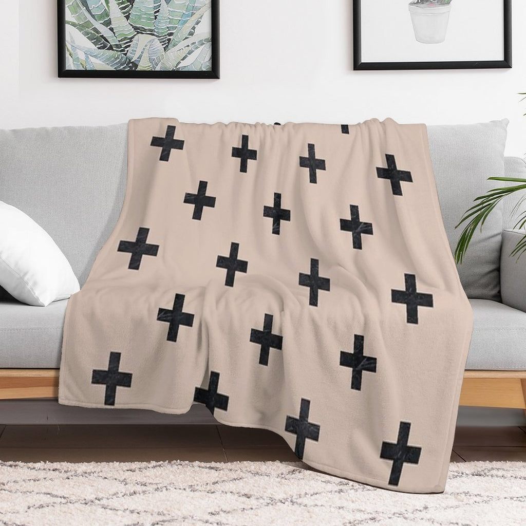 Beige And Black Textured Swiss Cross Pattern Lightweight Throw Blanket