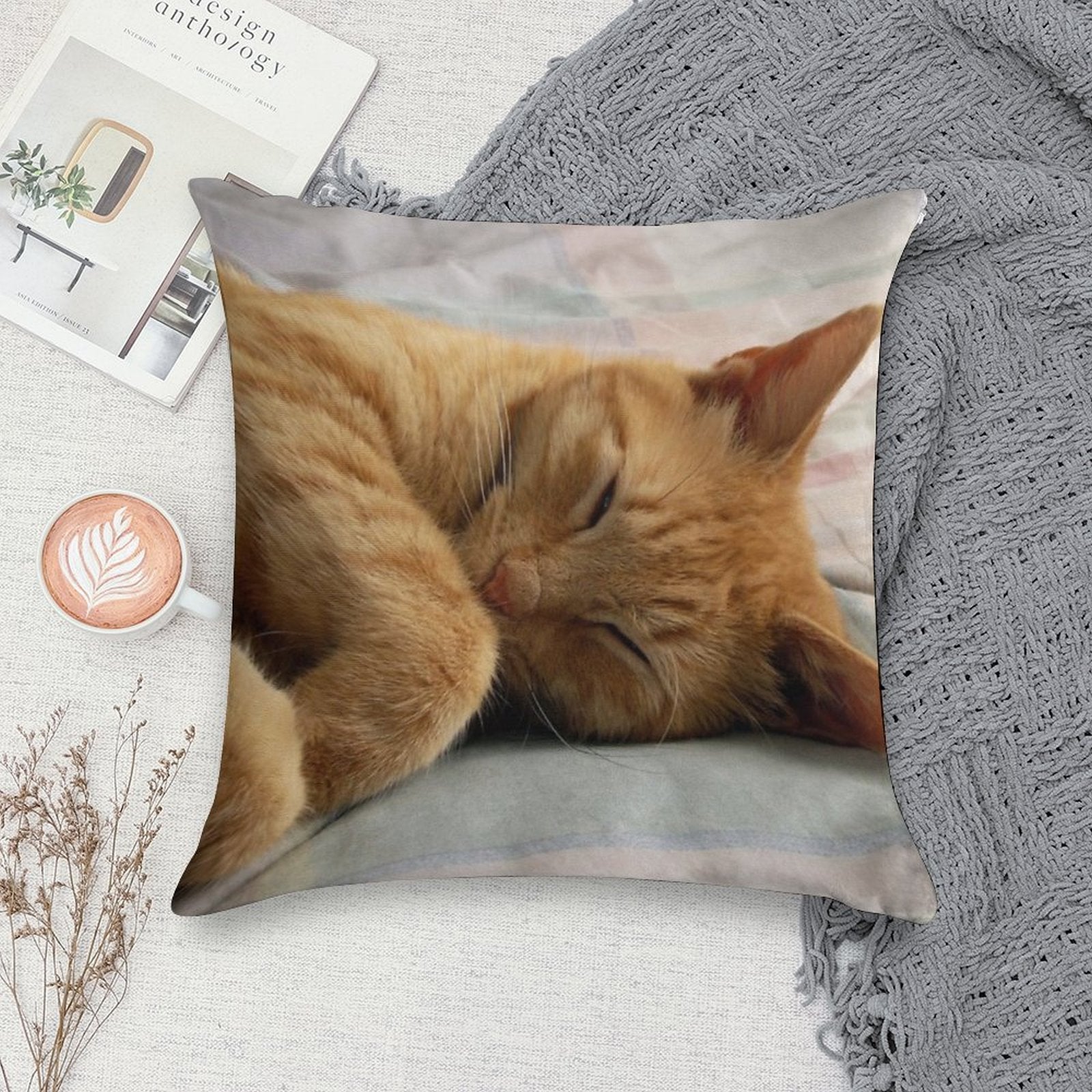 Ginger Cat Sleeping Soft Fade-Resistant Throw Pillow