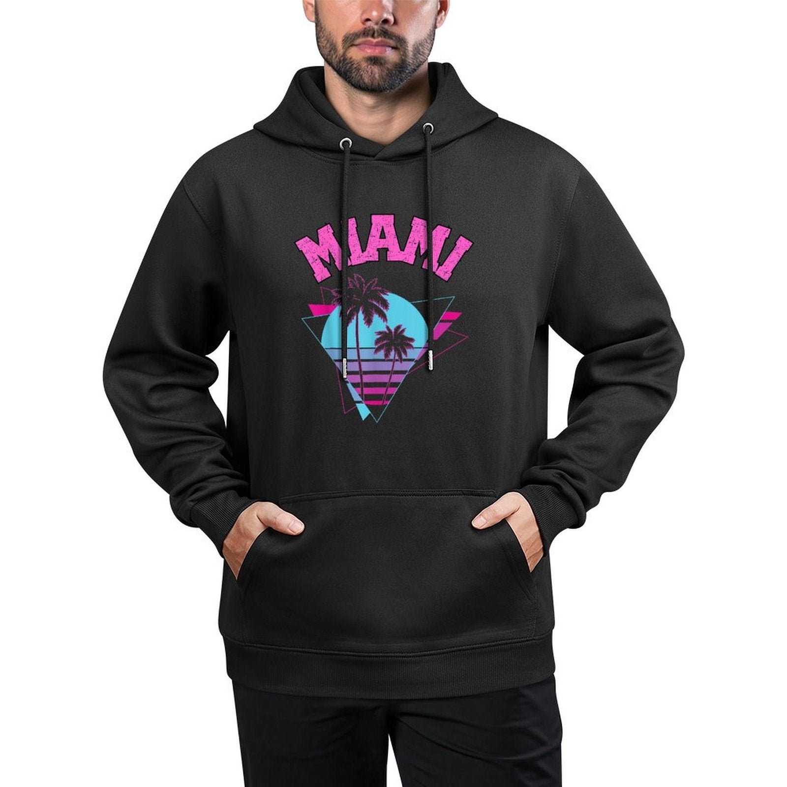 Miami Retro 80s Geometric Shapes And Palm Trees Graphic Kangaroo Pocket Hoodie