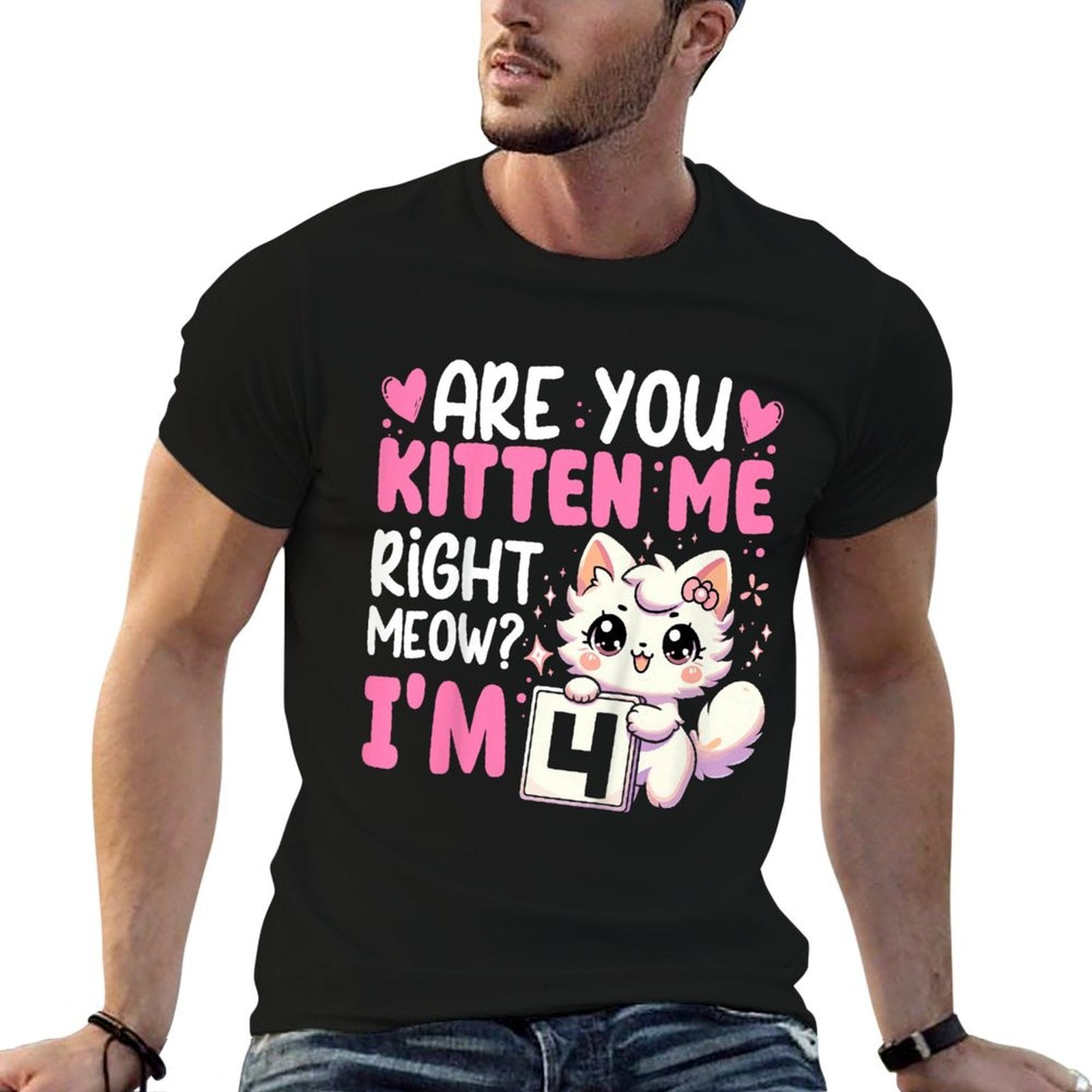 Kids 4th Birthday Girl 4yr Four 4 Year Old Kitten Cat Bday  High-quality Stitching T-Shirt