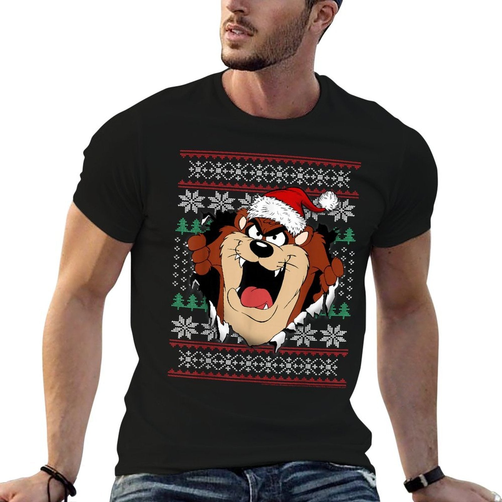 Looney Tunes Christmas Taz Ugly Sweater Style  Cotton T-Shirt