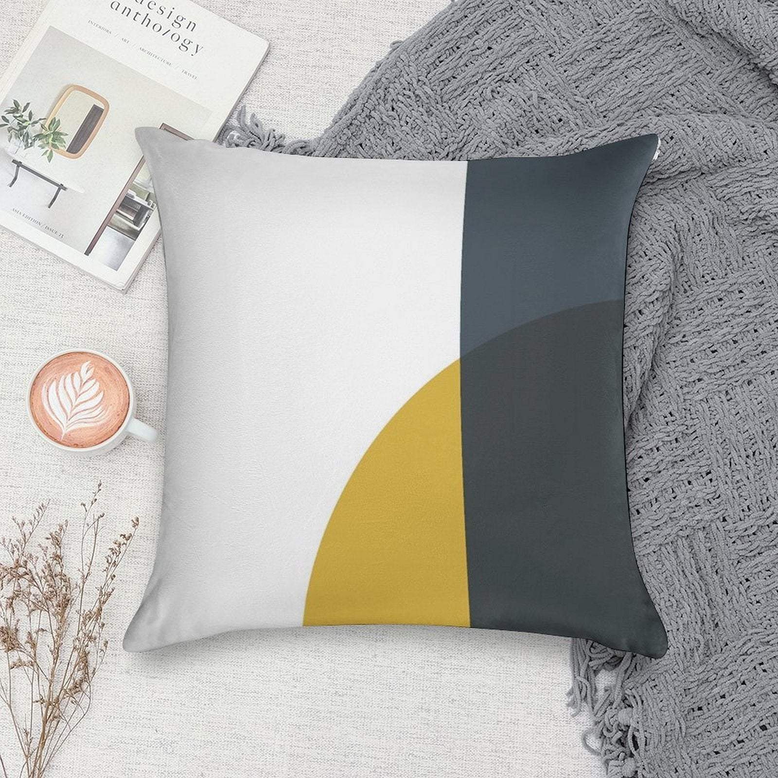 Abstract Geometric Minimalist 2 Navy Blue, Light Mustard Yellow, And White Soft Home Decor Throw Pillow