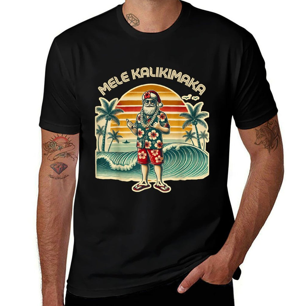 Retro Christmas Surf, Mele Kalikimaka Santa Shaka Hawaii  High-quality Stitching T-Shirt