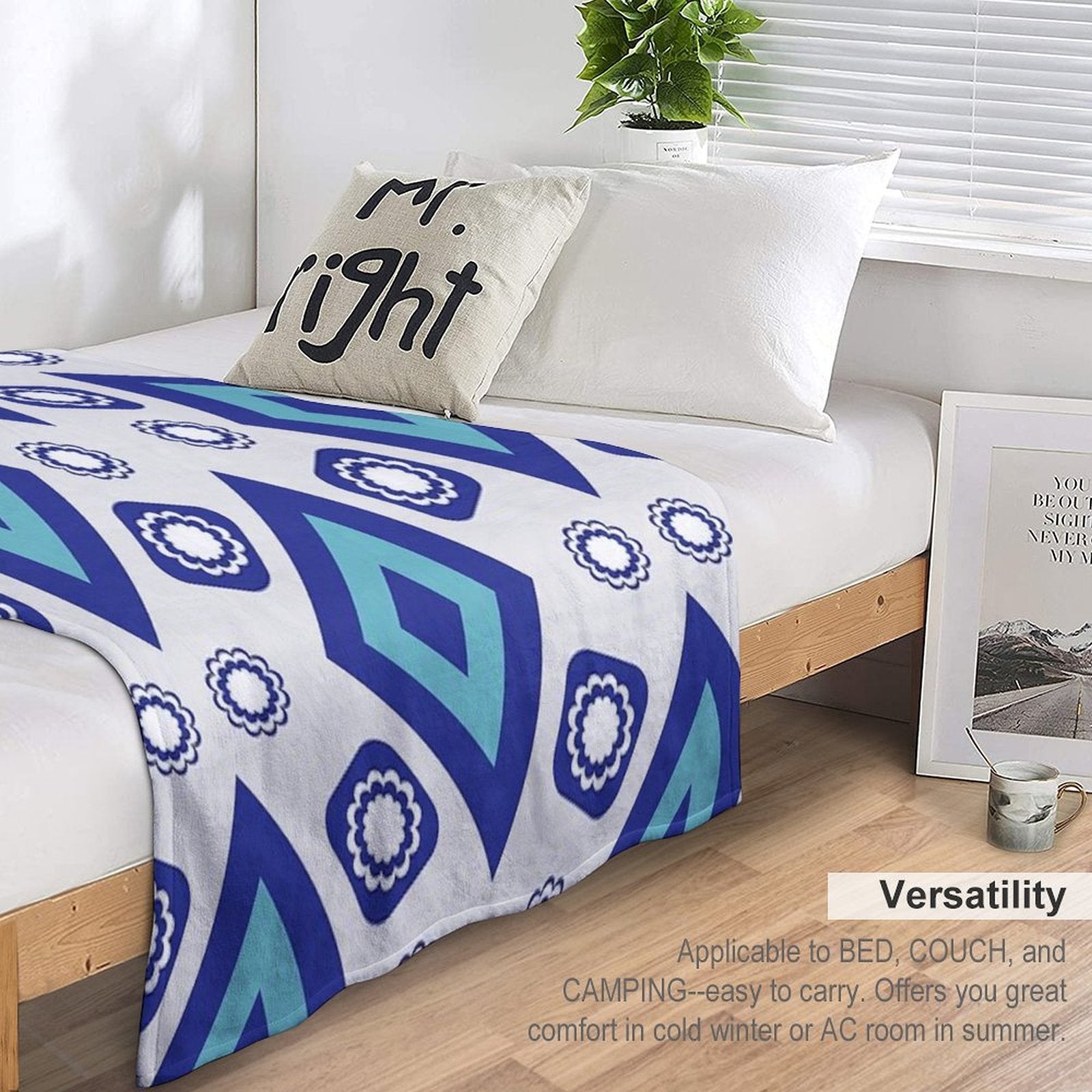 Blue Geometric And Floral Ethnic Pattern Durable Throw Blanket