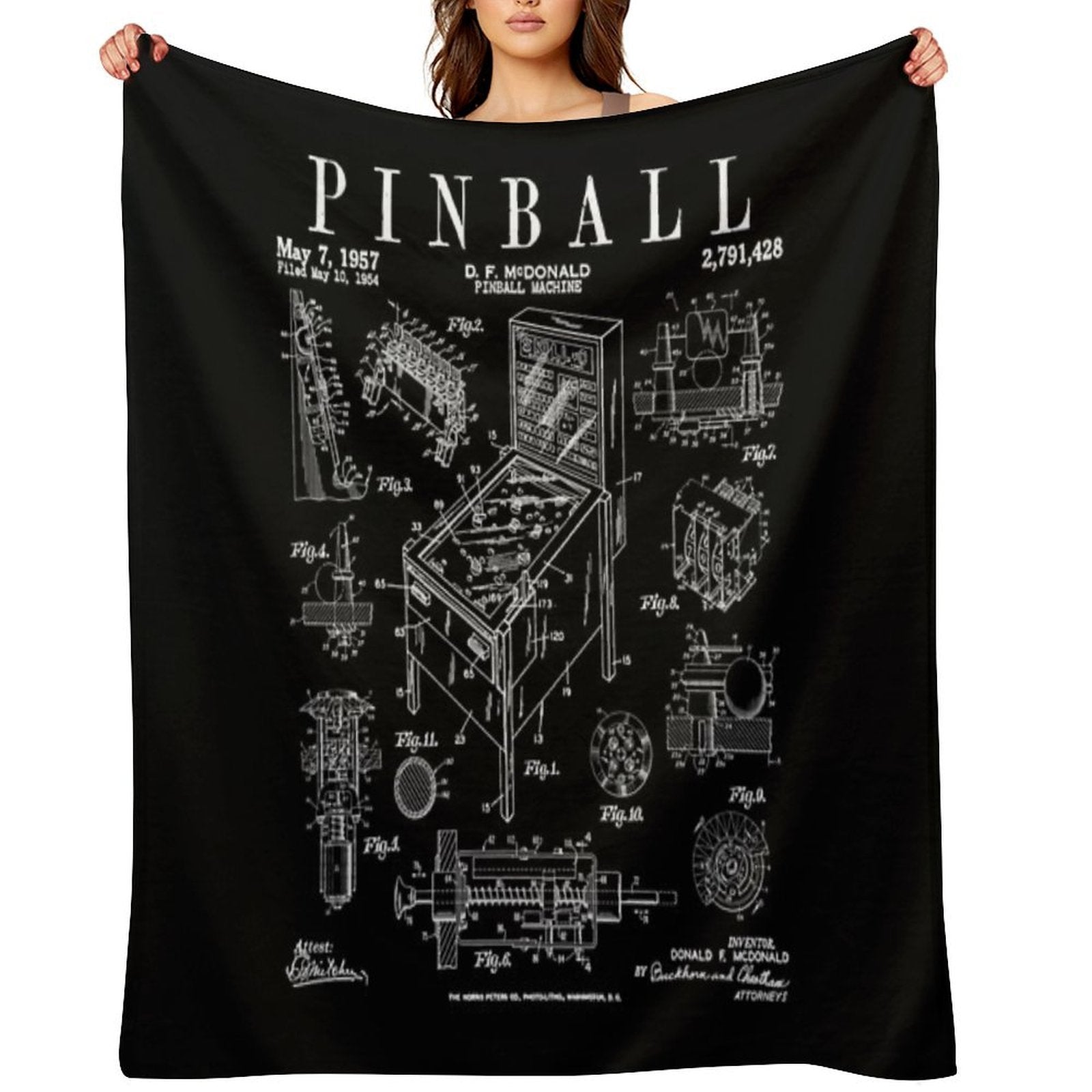 Pinball Arcade Gaming Machine Vintage Gamer Patent Print Plush Throw Blanket