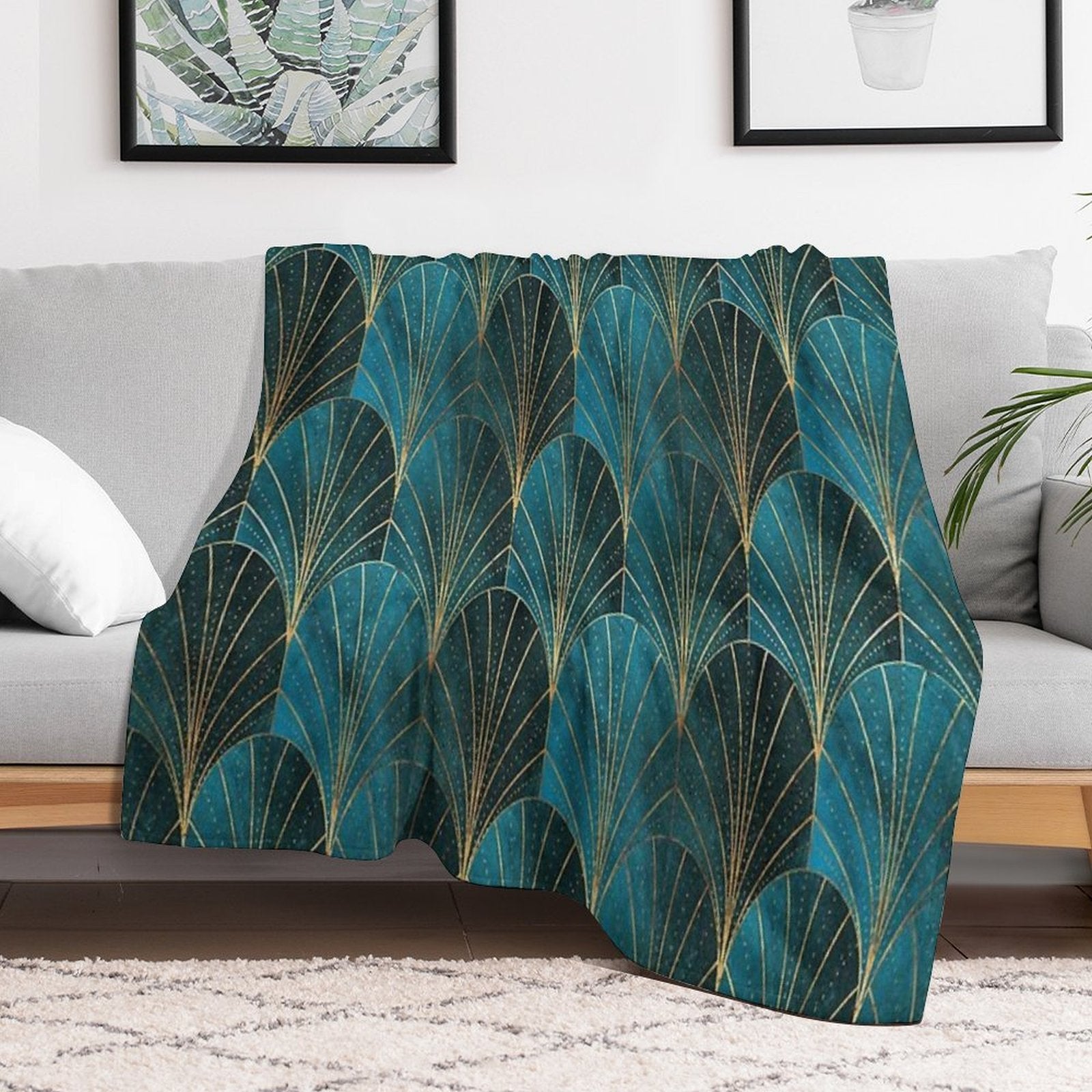 Art Deco Waterfalls  Textured Teal Compact Throw Blanket
