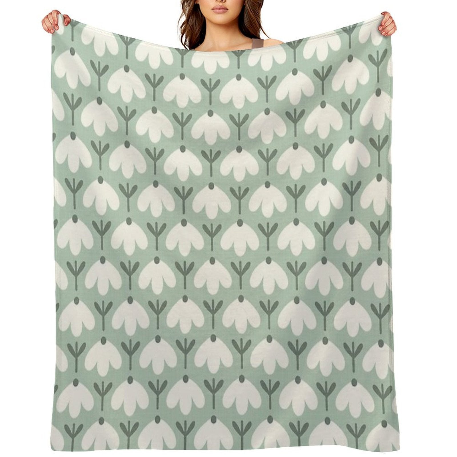 Bold Petal Flowers – Sage Green & Cream – Retro Playful Floral Plush Throw Blanket