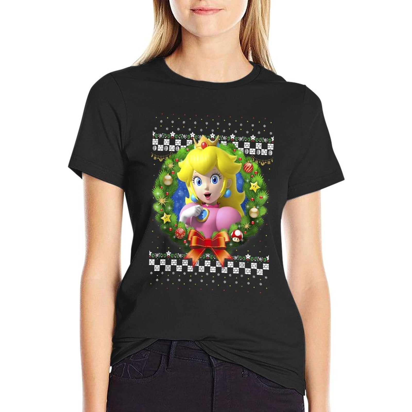 Super Mario Christmas Princess Peach Ugly Sweater  High-quality Stitching T-Shirt