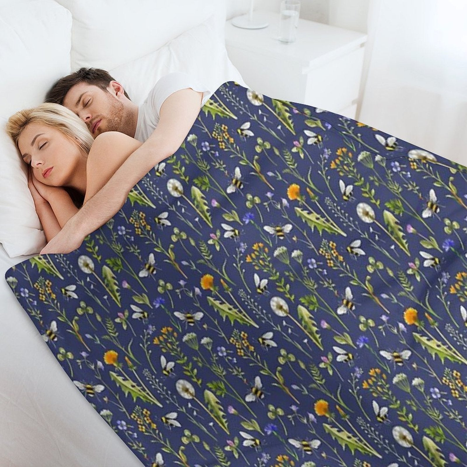 Bees And Wildflowers  Dark Blue Easy Care Throw Blanket