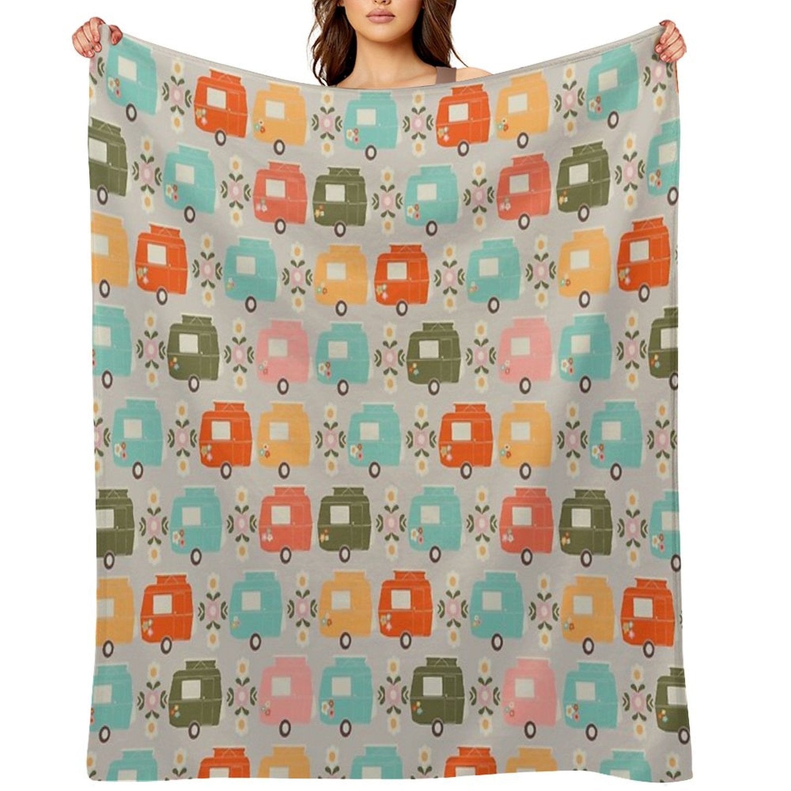 Colourful Vintage Caravans And Daisies Lightweight Throw Blanket