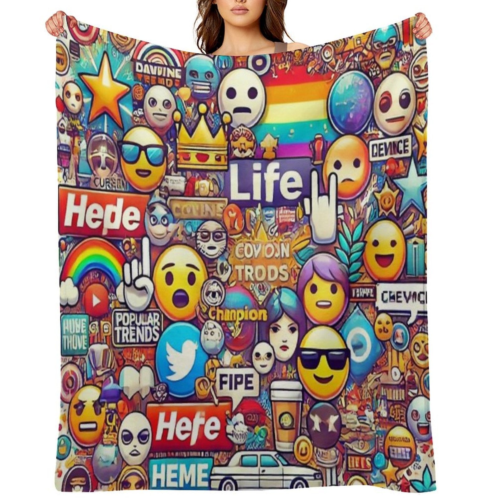 Internet Trends And Emojis Collage - Digital Pop Art Plush Throw Blanket