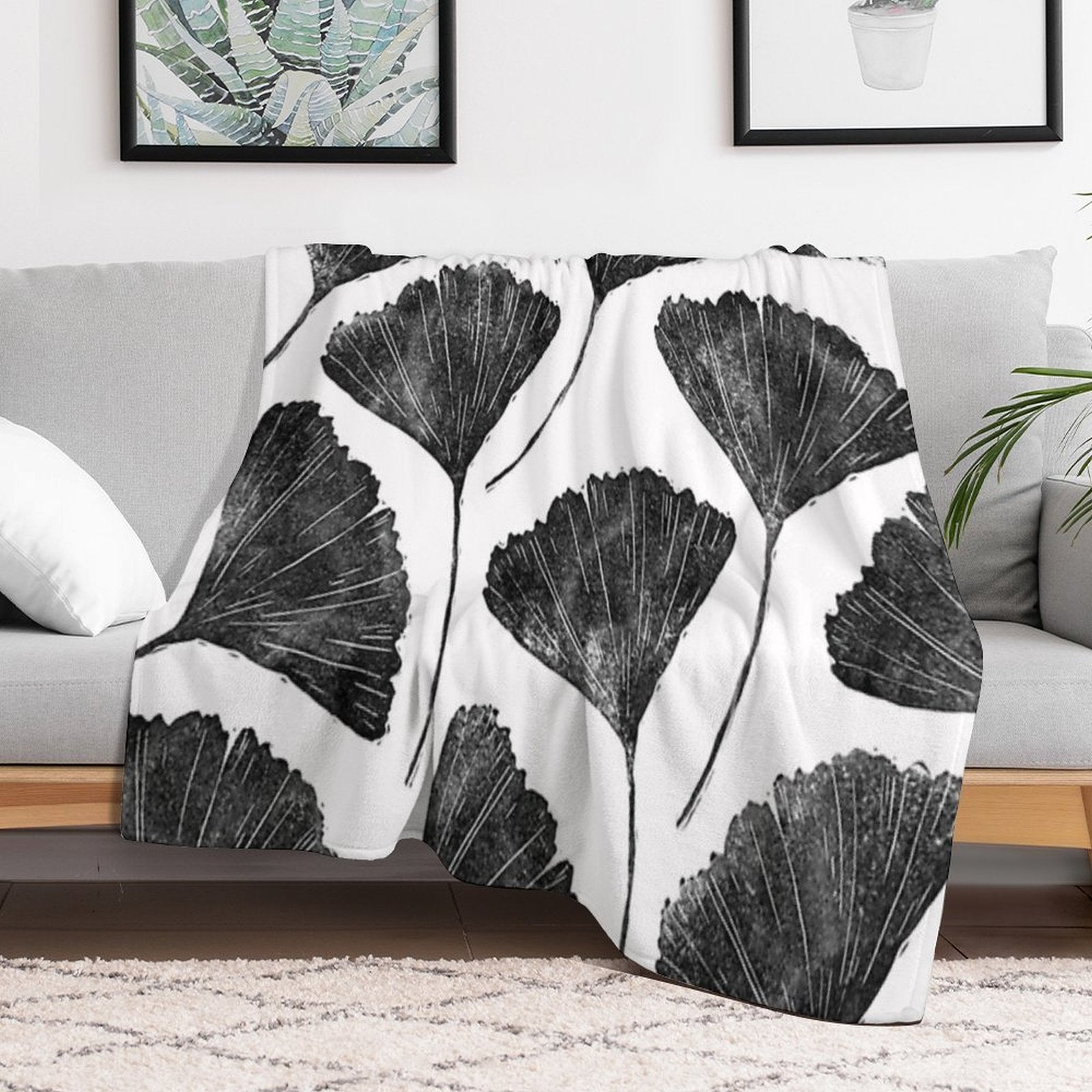 Ginkgo Biloba, Lino Cut Nature Inspired Leaf Pattern Gift-ready Throw Blanket