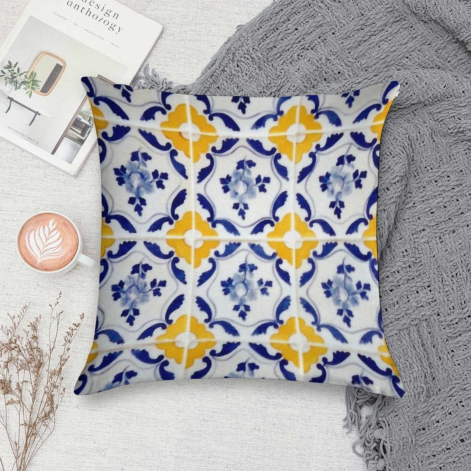 Portuguese Blue And Yellow Tiles Soft Fade-Resistant Throw Pillow