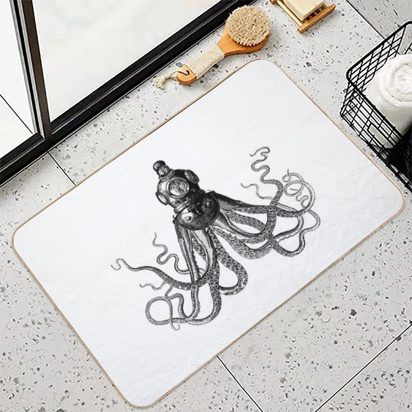 Octopus in Diving Helmet  Deep Sea Divers Helmet  Vintage Octopus  Tentacles  Anthropomorphic  Black And White  Dirt-Trapping Bath Mat