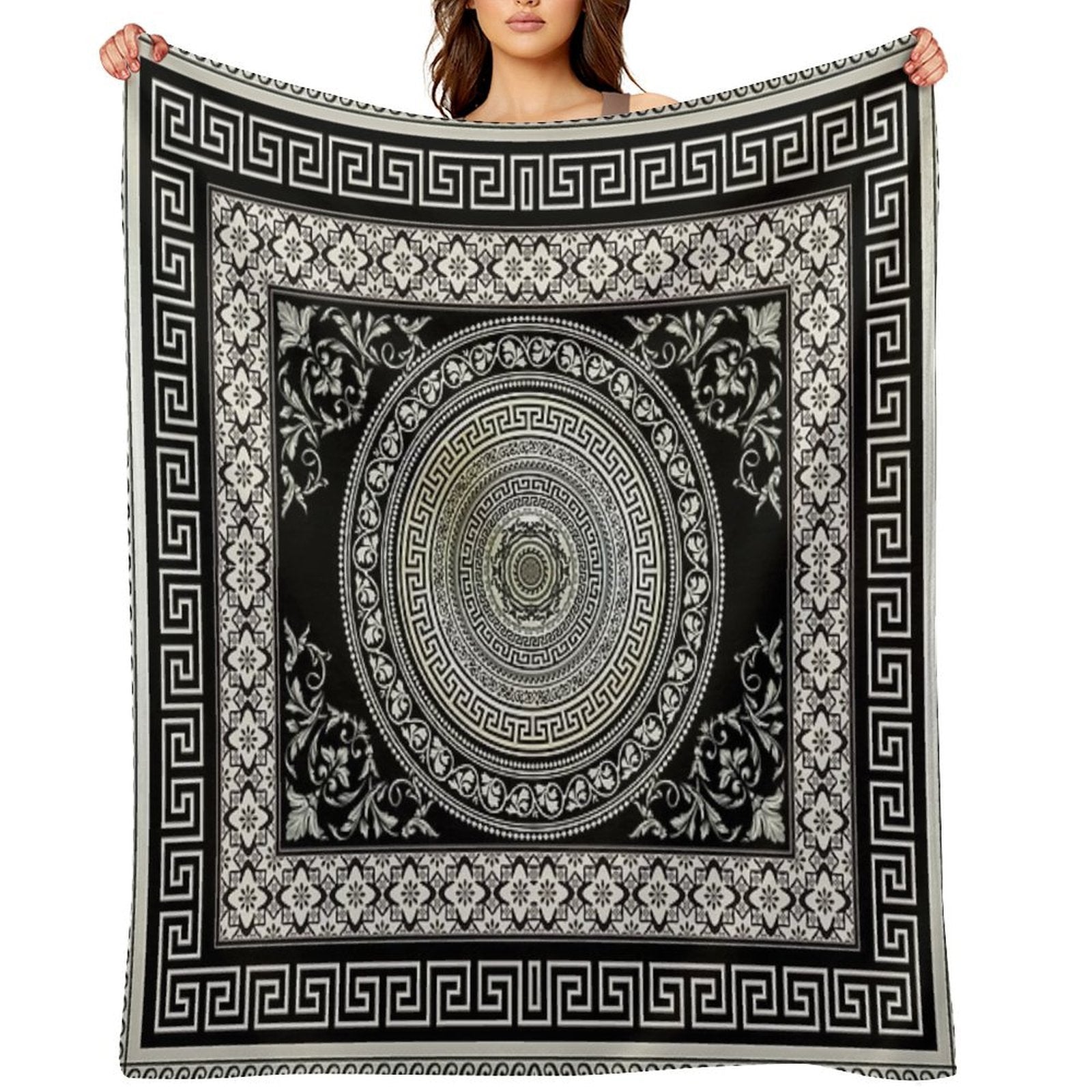 Greek Key Meander Black Cream Ornate Medallion All-season Throw Blanket