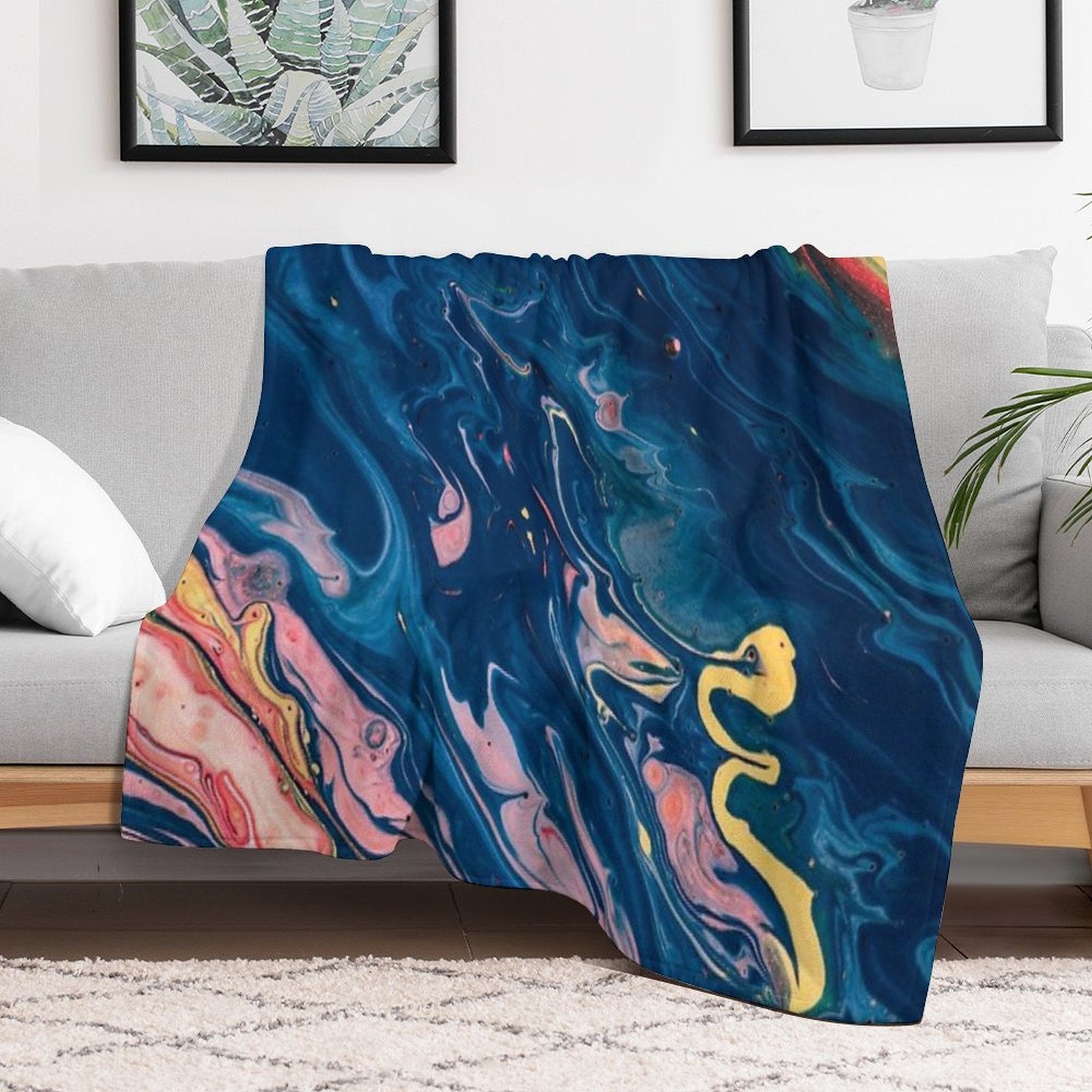 Marble Swirls of Dark Blue Pink Red And Yellow Abstract Pattern Multi-functional Throw Blanket