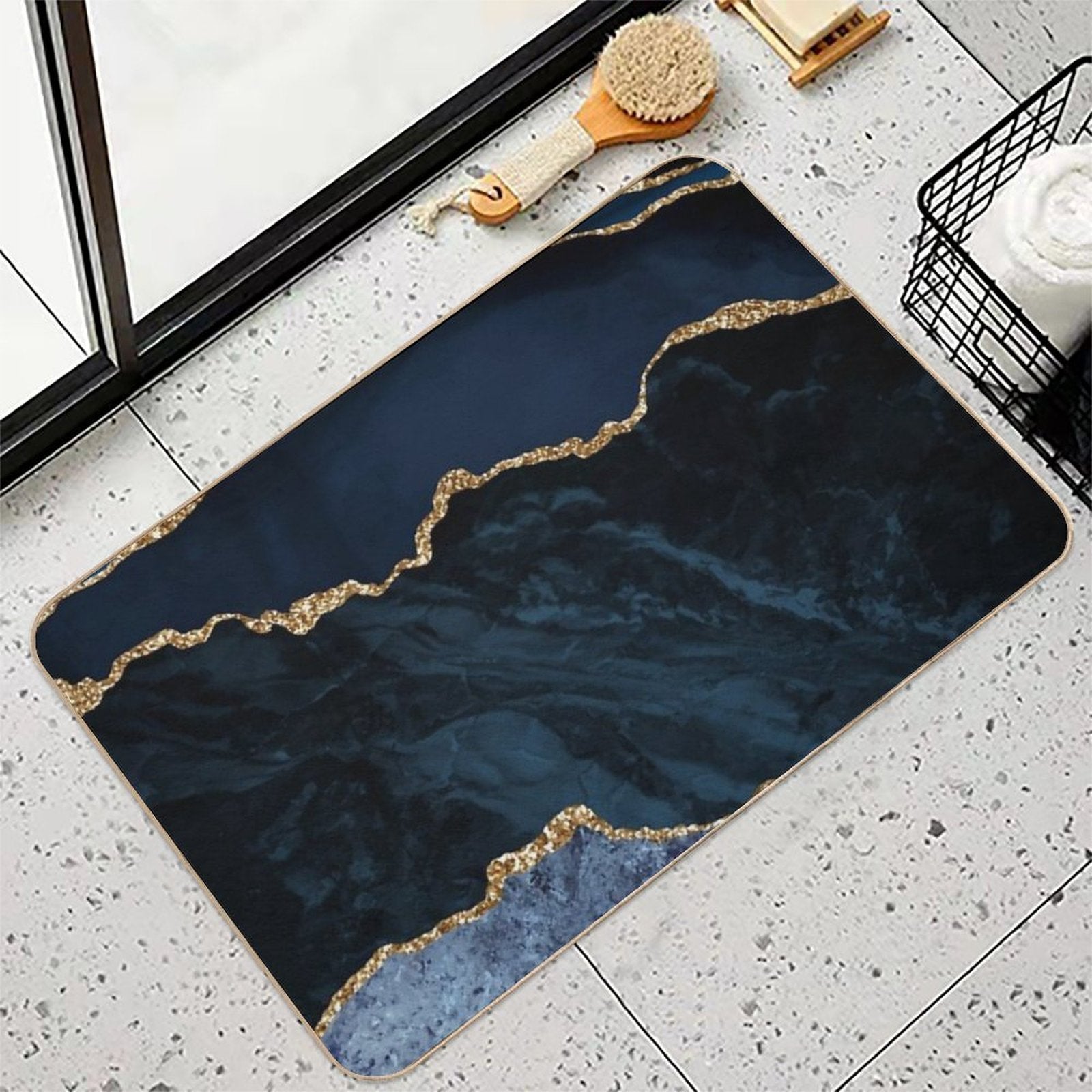 Navy And Gold Agate Watercolor Textures  Stain-Proof Bath Mat