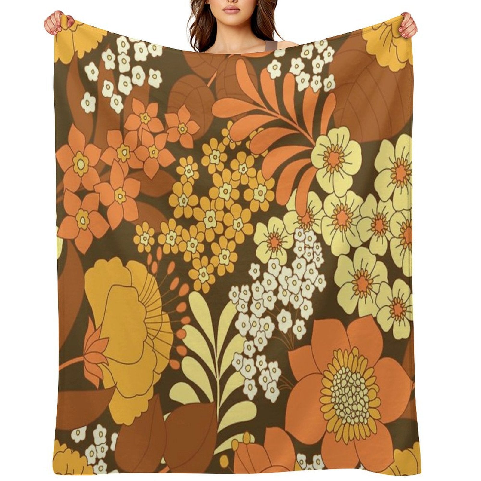 Brown, Yellow, Orange & Ivory Retro Flowers Premium Throw Blanket