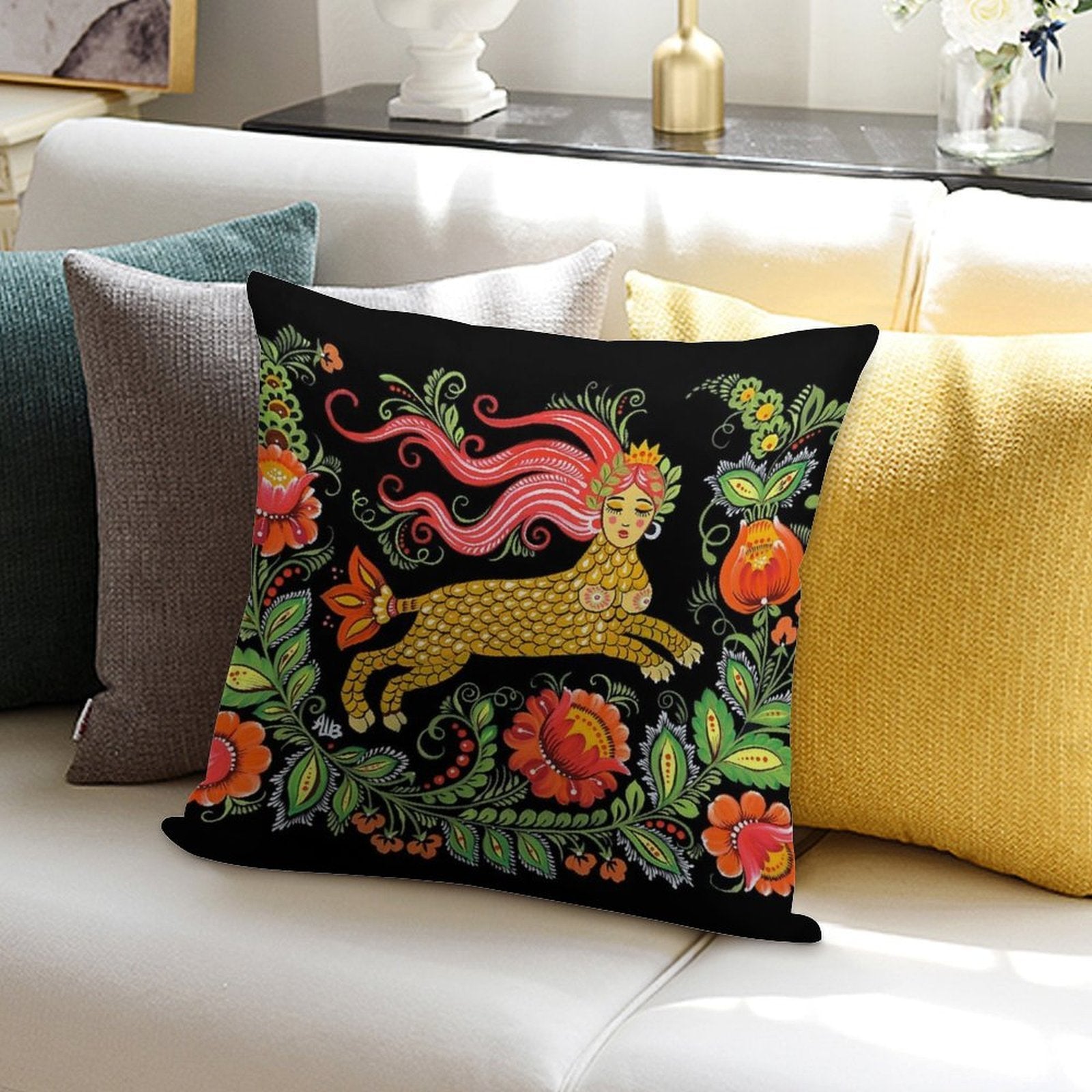 Magical Creature Folk Art (Lamia) Soft Luxury Feel Throw Pillow