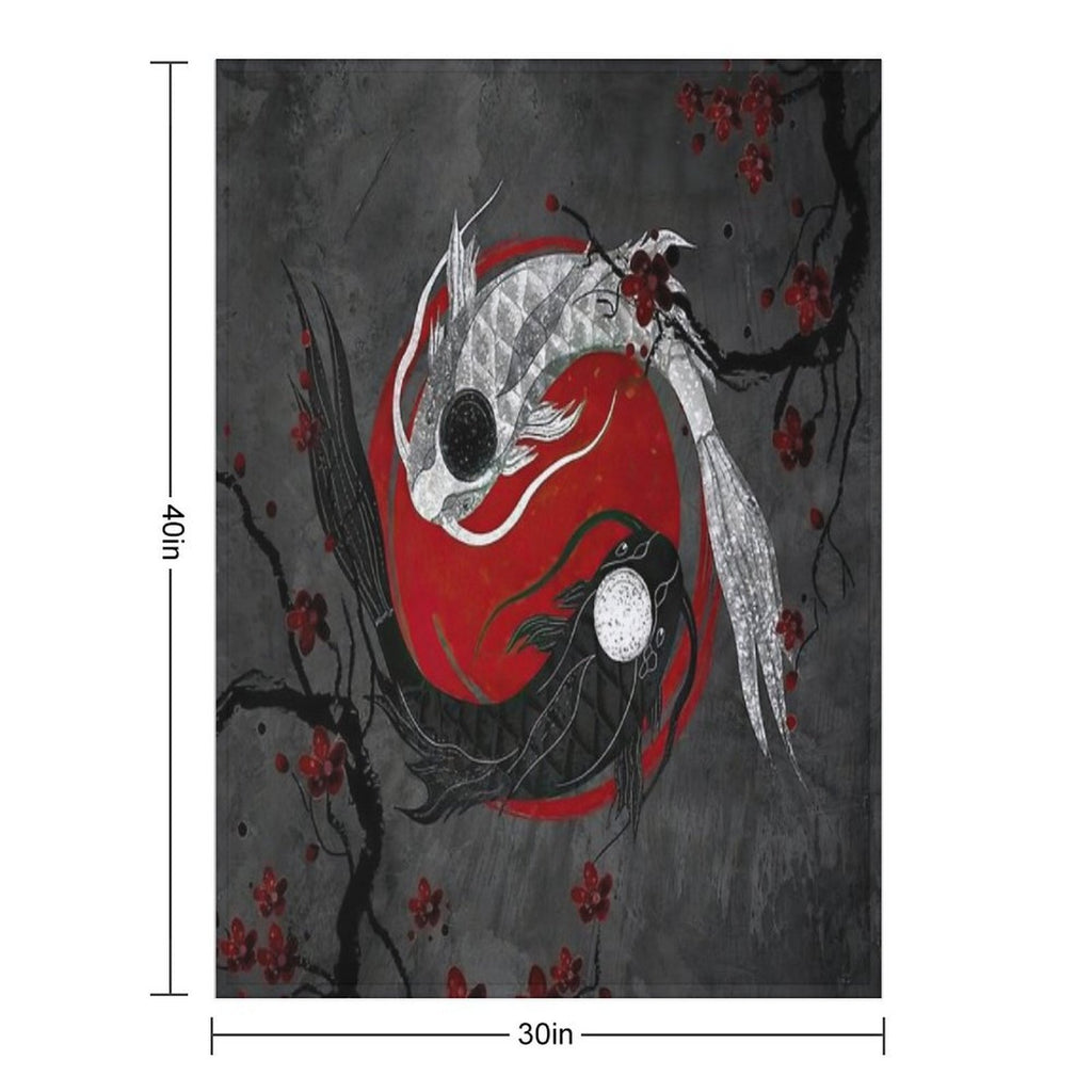 Japanese Ying Yang Koi Fish And Sakura Red & Gray Premium Throw Blanket