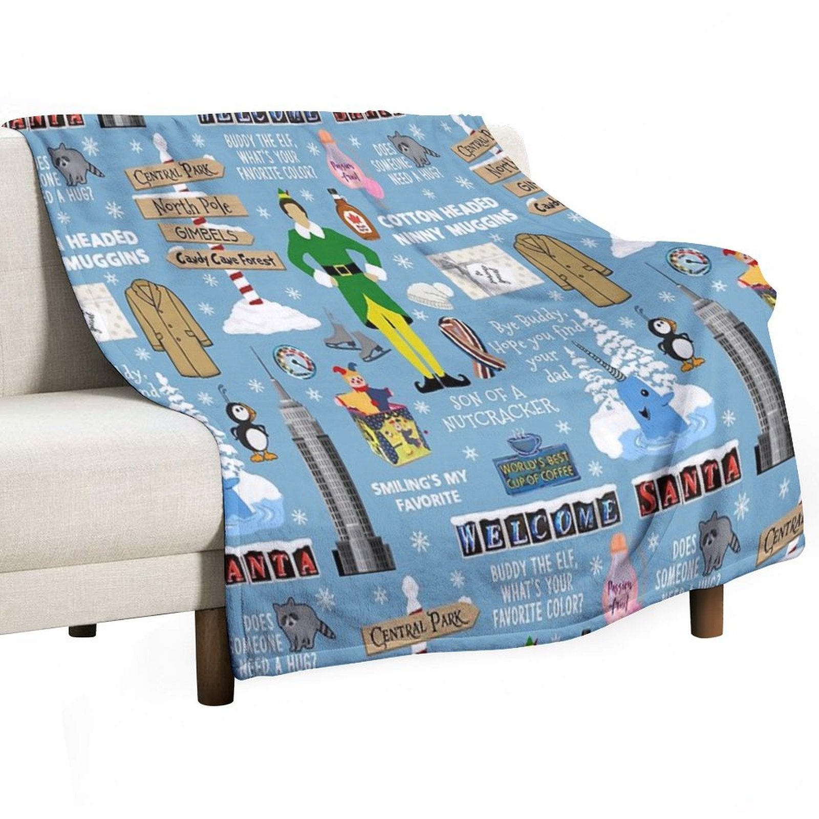 Buddy The Elf Collage, Blue Background Premium Throw Blanket