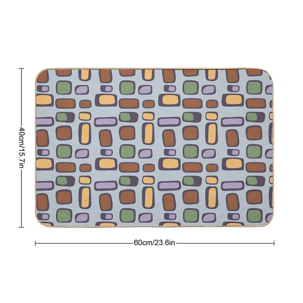Colorful Retro Mid Century Aesthetic Squares Geometric Pattern Gray Blue & Brown  High-Traffic Bath Mat