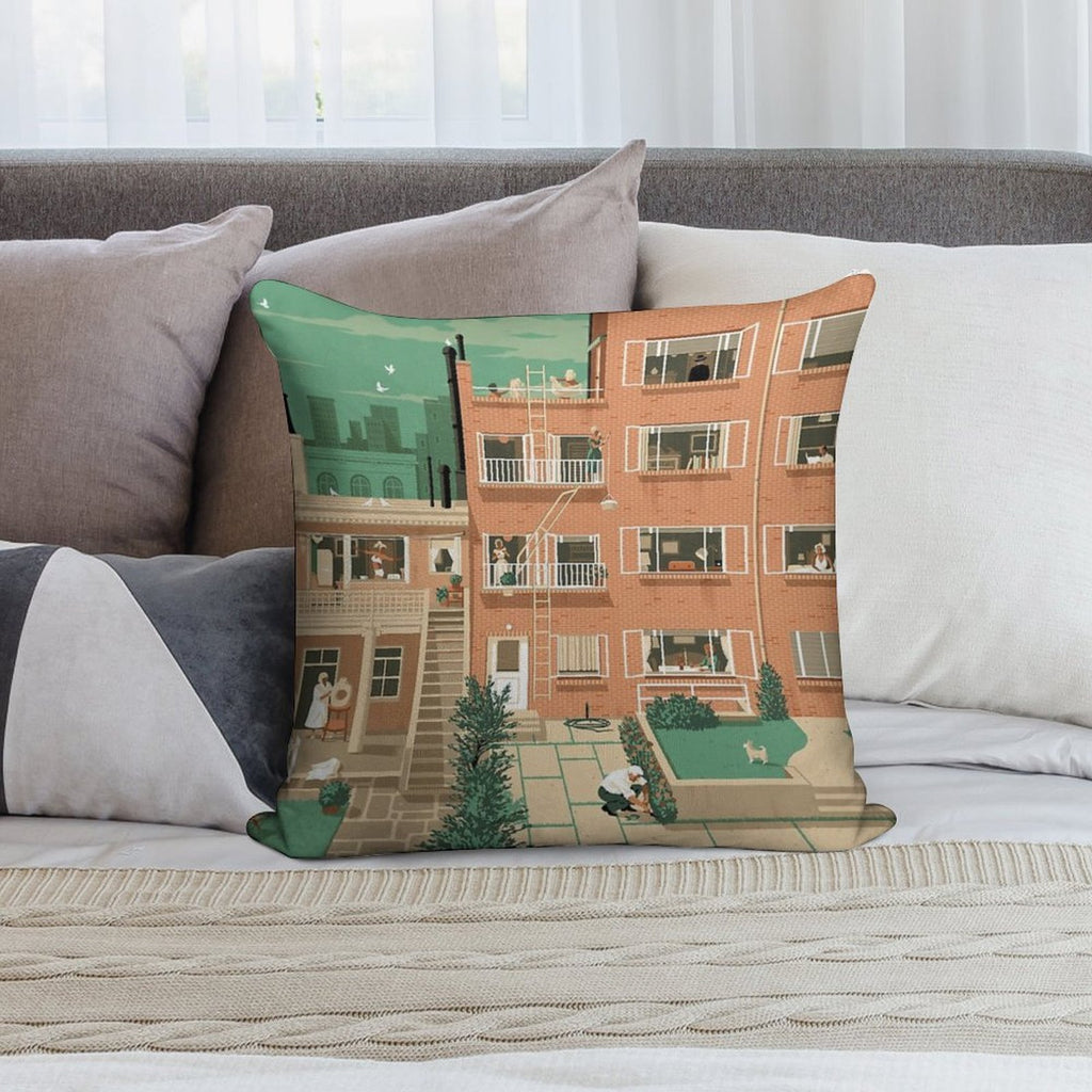 Travel Posters - Hitchcock's Rear Window - Greenwitch Village New York Soft Shrink-Resistant Throw Pillow