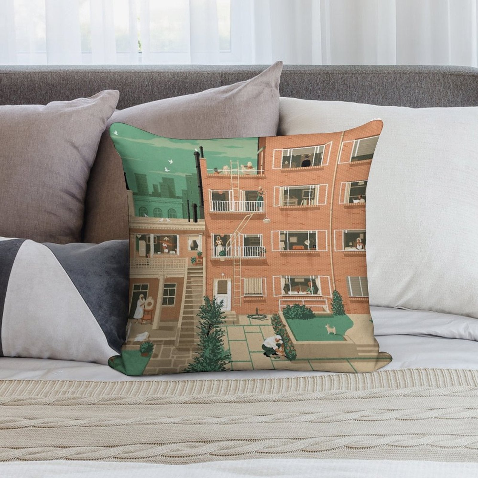 Travel Posters - Hitchcock's Rear Window - Greenwitch Village New York Soft Shrink-Resistant Throw Pillow
